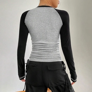 Women's slim fit raglan sleeve t-shirt in grey and black with a casual sporty style