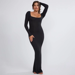 Elegant black long-sleeved bodycon maxi dress with square neckline and slim fit silhouette