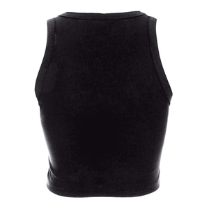 Vista posteriore di un top corto nero vintage americano in misto cotone elasticizzato