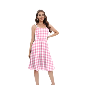 Women Sweet Pink White Gingham Midi Dress A-Line Sleeveless Halter Digital Print Summer Casual Party Fashion Sundress