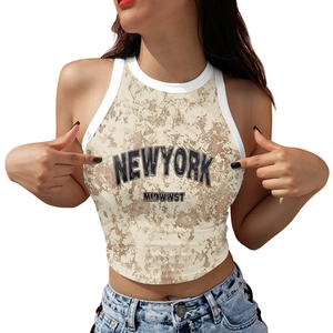 Women Sexy Slim Fit Crop Top Sleeveless Tank Top Beige Marble Digital Print New York Lettering Summer Streetwear Vest