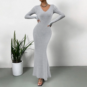 Élégante Robe Longue pour Femme Col en V Manches Longues Tricot Nervuré Moulante Fente Latérale Brossé Couleur Unie Sexy Soirée