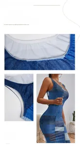 Detail view of the stitching and blue denim patchwork print on the slim bodycon dress
