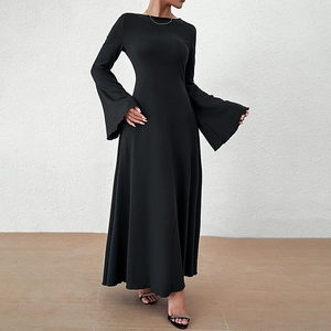 Elegant black long-sleeve dress with bell sleeves and slim-fit silhouette for women