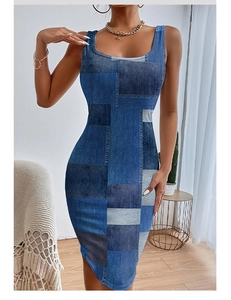 Detailed patchwork denim texture and wide U-neckline on the slim bodycon midi dress