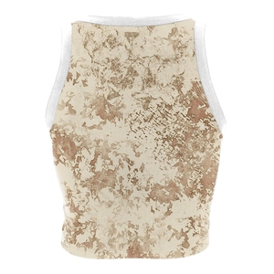 Women's cropped sleeveless tank top with vintage brown marble stone print and white trim