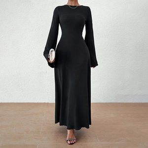 Elegant black long sleeve maxi dress with backless tie design and flared cuffs