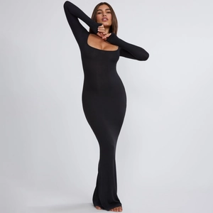 Elegant black long-sleeved slim fit maxi dress with square neckline and thumbhole detail