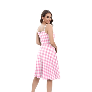 Chic pink and white gingham A-line sundress for women with slim straps and a back zipper