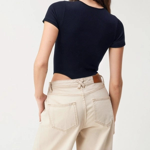 Slim fit navy ribbed short sleeve bodysuit with stylish back round neck design