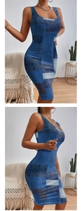 Detail of bodycon dress showing 3D geometric blue denim patchwork print and slim fit cut