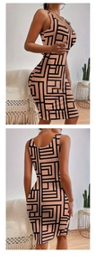 Vue détaillée d'une robe sans manches rose avec motifs géométriques noirs et slim