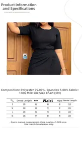 Größentabelle für schwarzes Kurzarmkleid mit Maßen von S bis XL und Materialangaben