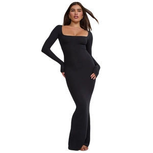 Elegant black long sleeve maxi dress with square neckline and slim fit bodycon silhouette