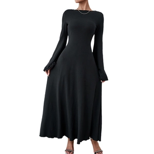 Elegant black long sleeve maxi dress with flared sleeves and slim fit waistline