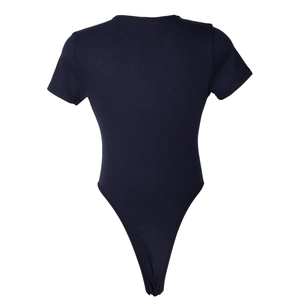 Short sleeve black bodysuit in ribbed knit fabric featuring slim fit design and round neck