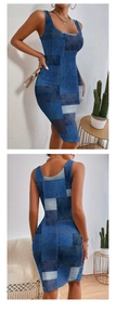 Detail view of bodycon dress showing 3D blue denim print from front and back angles