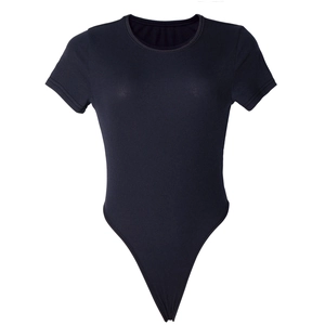 Minimalist black ribbed short sleeve bodysuit with a classic round neck and slim fit