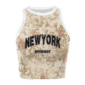 Vintage sleeveless New York crop top for women in a washed beige printed knit fabric