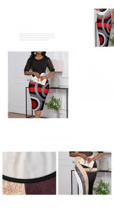 Detail of mesh dot sleeves and geometric patchwork print on slim bodycon dress