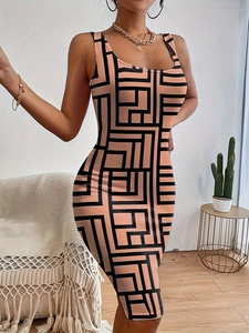Robe Moulante sans Manches pour Femme avec Imprimé Géométrique Labyrinthe Élégante Col en U Slim Fit Été Décontracté Fête Robe Midi