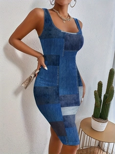Slim fit sleeveless midi dress featuring 3D geometric patchwork denim print on a female model