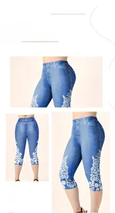 Dettagli dei leggings blu stampa denim con motivo floreale e vita alta elasticizzata