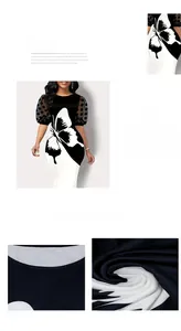 Detail of butterfly print, sheer polka dot mesh sleeves, and slim fit midi dress design