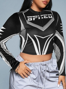Top corto da donna stile biker streetwear con stampa SPEED e collo alto a zip