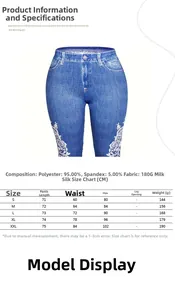 Tabella taglie per leggings stampa denim con misure in centimetri e peso del tessuto