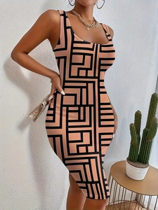 Robe moulante d'été pour femmes, col en U, sans manches avec imprimé géométrique orange