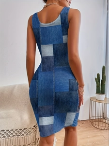 Women's bodycon sleeveless dress featuring a blue 3D denim patchwork print from behind