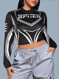 Top corto a maniche lunghe stile street con stampa SPEED e colletto a zip