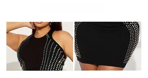 Detailed views of the high neckline and hem with silver rhinestone accents on black dress