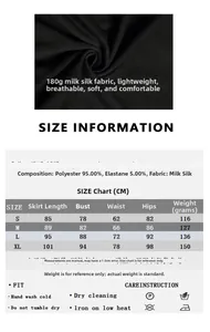 Size chart and fabric details for sexy slim fit backless printed halter mini dress