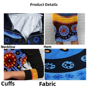 Détails de la robe imprimé ethnique montrant le col zippé et les motifs des manches