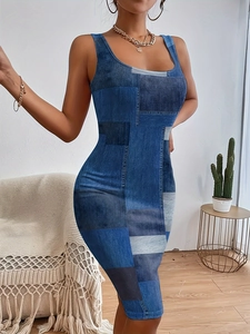 Slim fit sleeveless midi dress with 3D denim patchwork print on a fashion model