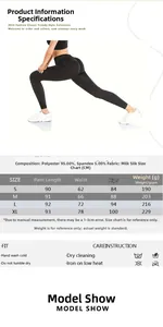 Size chart detail for high waist yoga leggings with fabric specs and measurements