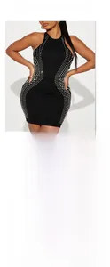 Detail of black halter backless dress featuring shimmering silver rhinestones