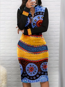 Robe Midi Bodycon Bohème pour Femmes Imprimé Géométrique Élégante Manches Longues Col Montant Fermeture Éclair Coupe Slim
