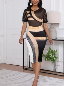 Women's slim fit midi dress with geometric prints and black mesh polka dot puff sleeves