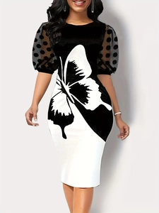 Women Butterfly Print Bodycon Midi Dress Elegant Polka Dot Mesh Bubble Sleeve Black White Slim Fit Party Pencil Dress