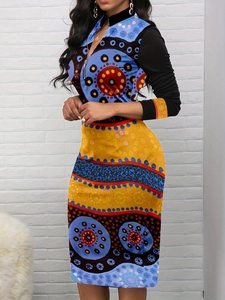Robe ajustée à manches longues avec imprimés tribaux géométriques et fermeture éclair