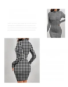 Detail view of houndstooth print bodycon dress with slim fit long sleeves and high neckline