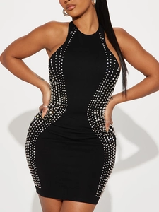 Sexy Women Halter Neck Backless Mini Bodycon Dress Rhinestone Embellished Milk Silk Sleeveless Slim Fit Party Clubwear