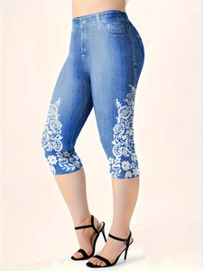 Leggings Capri da Donna a Vita Alta Effetto Push-Up Stampa Denim Motivo Floreale Pizzo Casual Aderente Pantaloni Yoga Blu