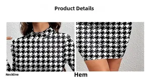 Detail view of the high neckline and slim hemline on a black and white houndstooth dress