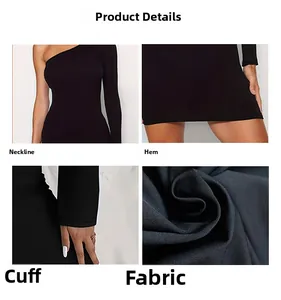 Détails de la robe noire asymétrique montrant l'encolure, l'ourlet et la texture tricot