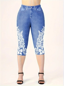 Leggings pinocchietto da donna stampa denim blu con motivi in pizzo floreale