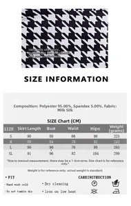 Size chart and fabric details for women's houndstooth long sleeve slim dress in milk silk